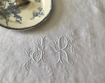 JR monogrammed vintage French cotton damask tablecloth in great condition