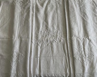 Fabulous cut work, HD monogrammed on a vintage French pure linen sheet, hand embroidered