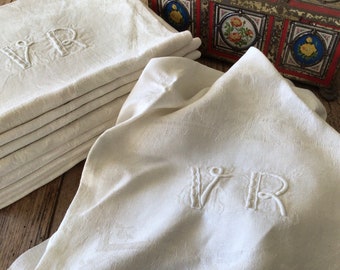 10 VR monogrammed antique French linen damask napkins