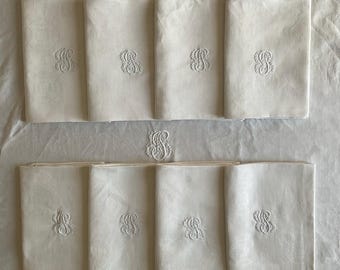 8 BP/PB monogrammed hand embroidered vintage French linen damask dinner napkins with matching monogrammed tablecloth
