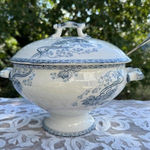 May include: A white ceramic tureen with a lid and two side handles, featuring blue floral and botanical patterns. The tureen has a pedestal base and includes a silver-toned metal serving spoon resting inside the bowl under the lid.