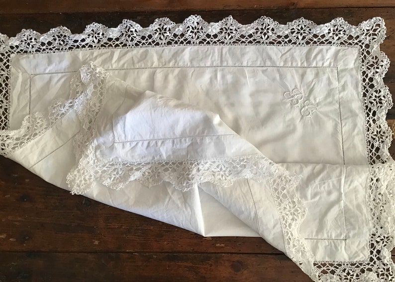 Beautiful bobbin lace around a monogrammed BC vintage pillow Etsy