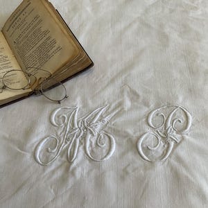 May include: An off-white textile featuring white embroidered monogram letters, specifically the initials M and P, placed next to an open antique book with yellowed pages and a pair of thin, round metal-rimmed spectacles resting on the open book.