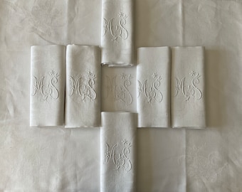 MS monogrammed vintage French linen damask tablecloth with 6 matching large dinner napkins