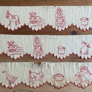 Authentic French shelf trim, shelf edge or decorative shelf border, red work, hand embroidered, country chic, farmhouse, 3 pieces