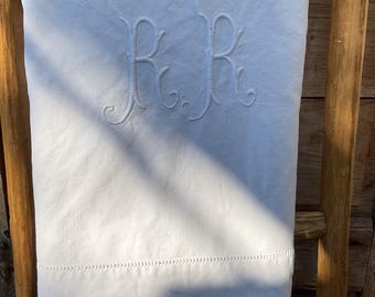 Sábana vintage de algodón y lino con monograma RR, bordada a mano, estilo vintage francés para la decoración del hogar.