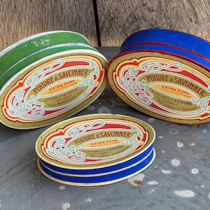 Lote de 3 cajas de cartón francesas vintage muy decorativas, packaging retro, jabón en polvo, polvos de afeitar, perfumería Lerina.