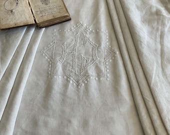 Vintage monogrammed HJ pure linen sheet, oatmeal colour, hand embroidered, ladder work.