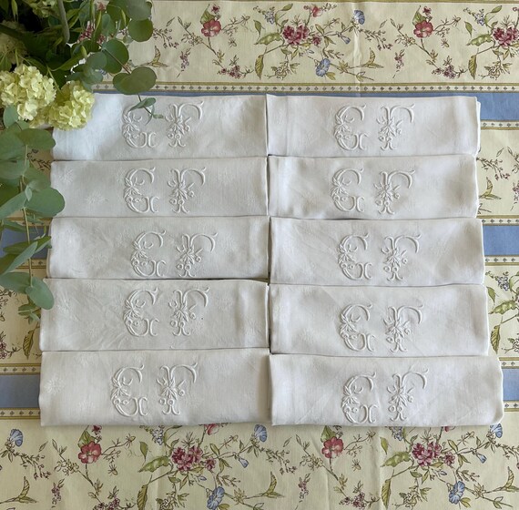 895】素晴らしい 手刺繍 イニシャル リネン ナフキン フランス