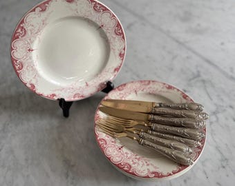 6 platos llanos antiguos franceses K & G Luneville Phenix de terré de hierro, rojos y blancos, ideales para fruta, postre o tarta.