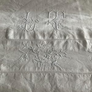 Exquisite embroidery and LT monogram, vintage French pure linen sheet, hand embroidered, thread work