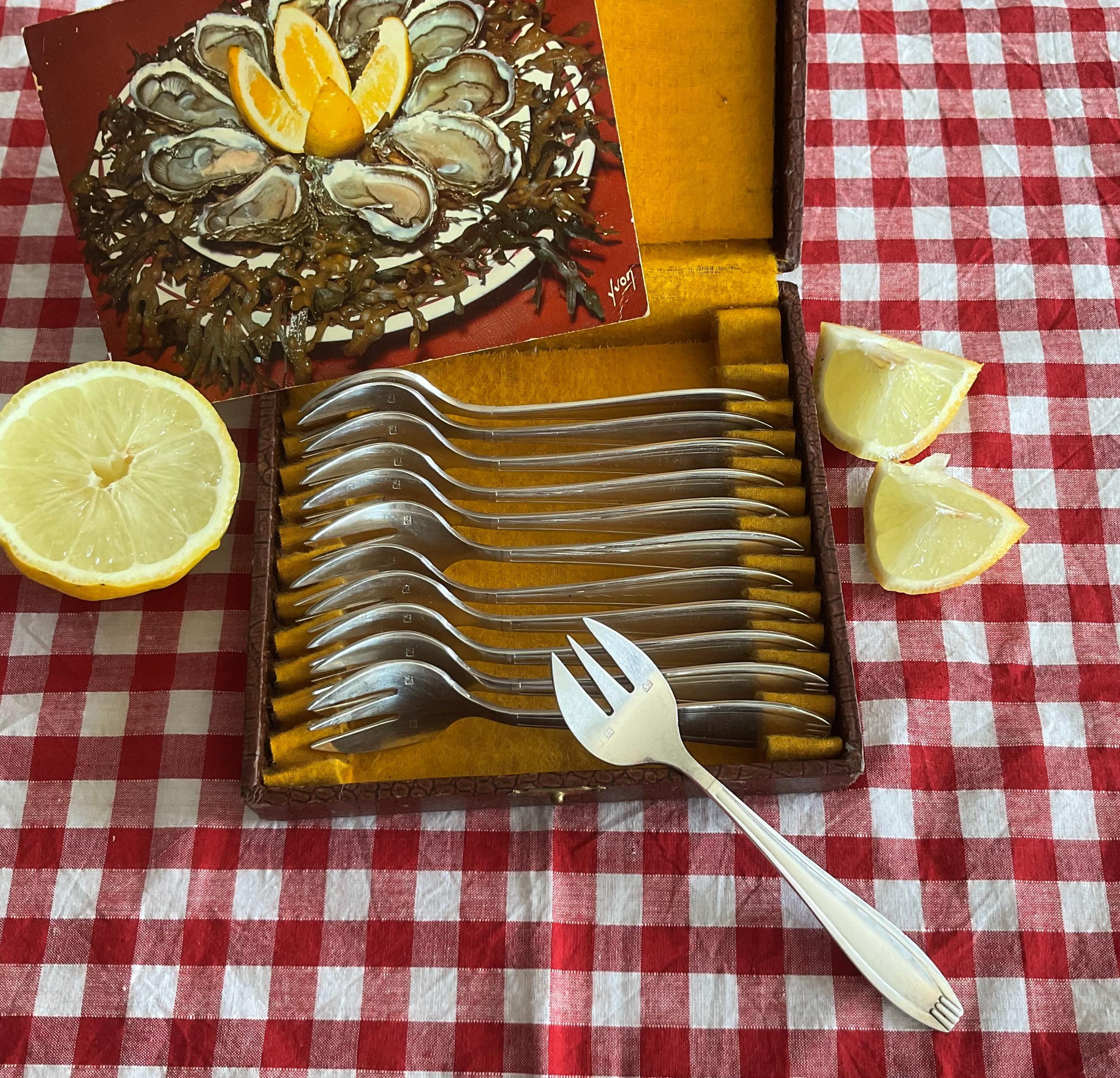 Set of 12 Vintage French Silver Plated Oyster Forks in Original