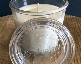 Hand poured soy wax container candle, in vintage French marmalade jar