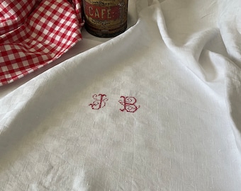 Nappe damassé en lin vintage monogrammé JB Français, blanche avec broderie rouge