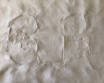 Antique pure linen sheet hand embroidered CR monogram