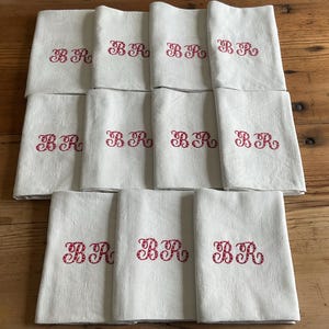 11 fabulous dinner napkins, monogrammed BR vintage French floppy linen damask, unique gift, table decor, hand embroidered, hand hemmed.