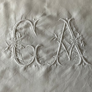 Silky fil de lin vintage French sheet, monogrammed GA, thick hand embroidered