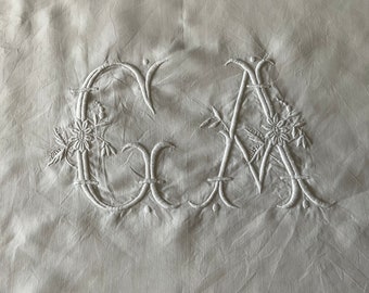 Silky fil de lin vintage French sheet, monogrammed GA, thick hand embroidered
