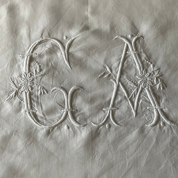 Silky fil de lin vintage French sheet, monogrammed GA, thick hand embroidered