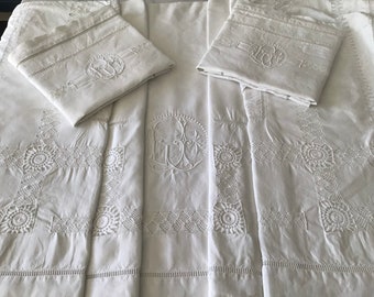 LJ hand embroidered linen sheet with matching pillow cases, the thread work !!!