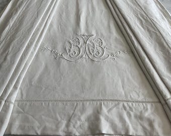 Sábana vintage BB monogramada de estilo metis (mezcla de algodón y lino), bordada a mano, decoración vintage francesa para el hogar.