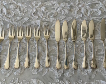 Christofle Paris silver plated cutlery, fish couverts, vintage, ribbon decor, monogrammed