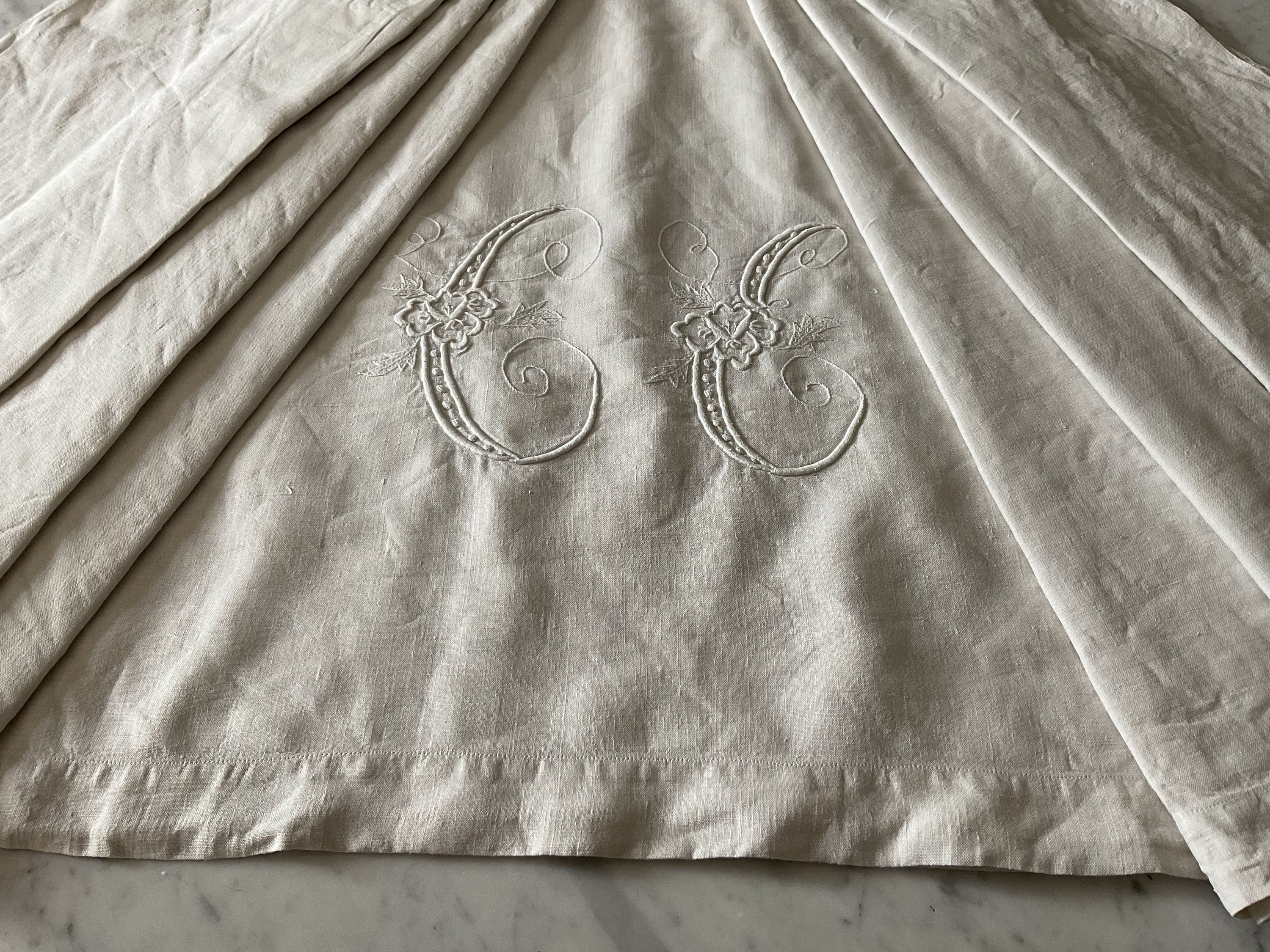CE Monogrammed Vintage French Pure Floppy Linen Sheet, Hand