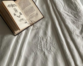 Prześcieradło AC z monogramem, haftowane ręcznie, w stylu vintage, francuskie, w stylu Metis, proste i eleganckie, narzuta ślubna, haft nitkowy