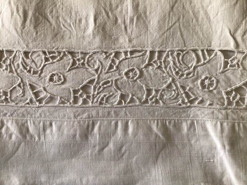 Subtle Cutwork Vintage Hand Embroidered CL Monogrammed Metis Sheet With Richelieu Lace ...