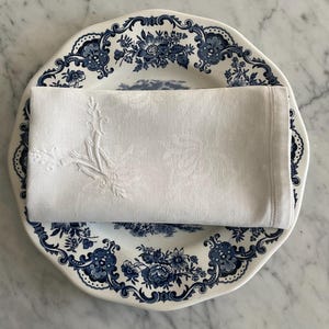 May include: A white rectangular linen napkin with intricate white floral embroidery folded and placed on a round ceramic plate featuring a blue and white floral pattern with a scalloped edge and a detailed landscape illustration in the center.