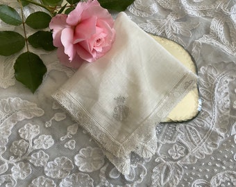 IN or JN monogrammed vintage (bridal) hand kerchief, hand embroidered, lace