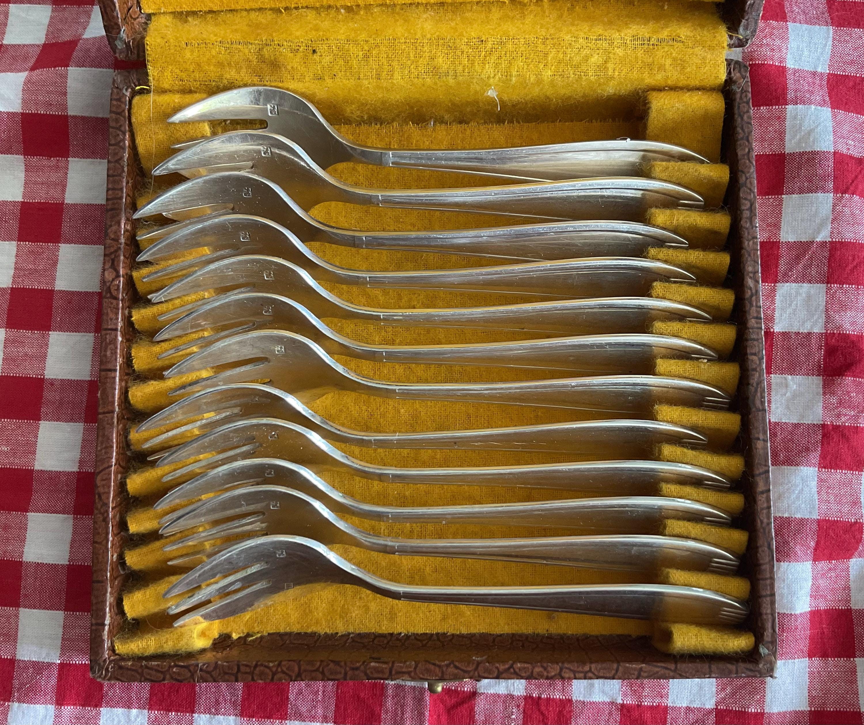 Set of 12 Vintage French Silver Plated Oyster Forks in Original