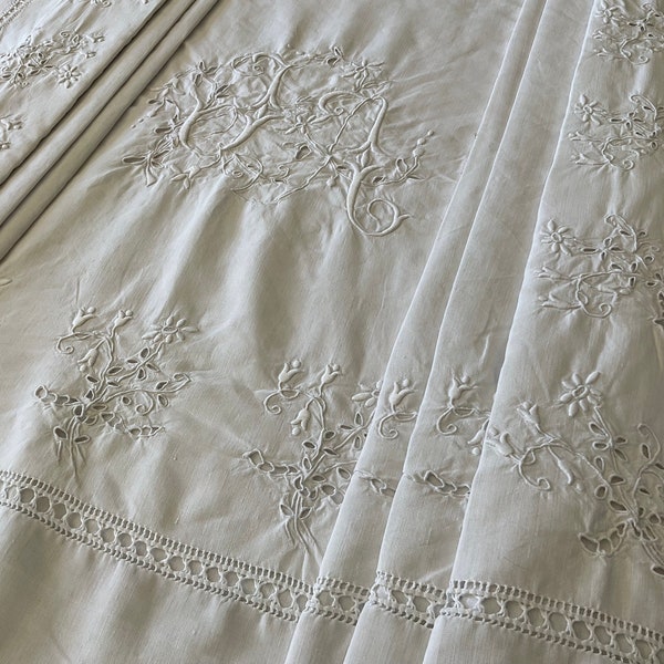 Fabulous JA monogrammed pure linen antique French sheet with plenty of embroidery and cutwork.