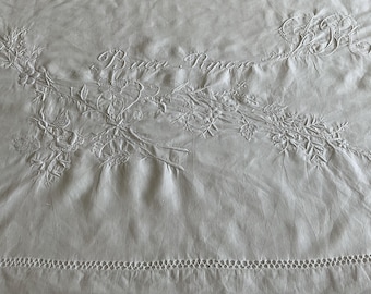 Buon Riposo or Rest Well antique Italian silky pure linen sheet, really white, hand embroidered, monogram DR, superb!