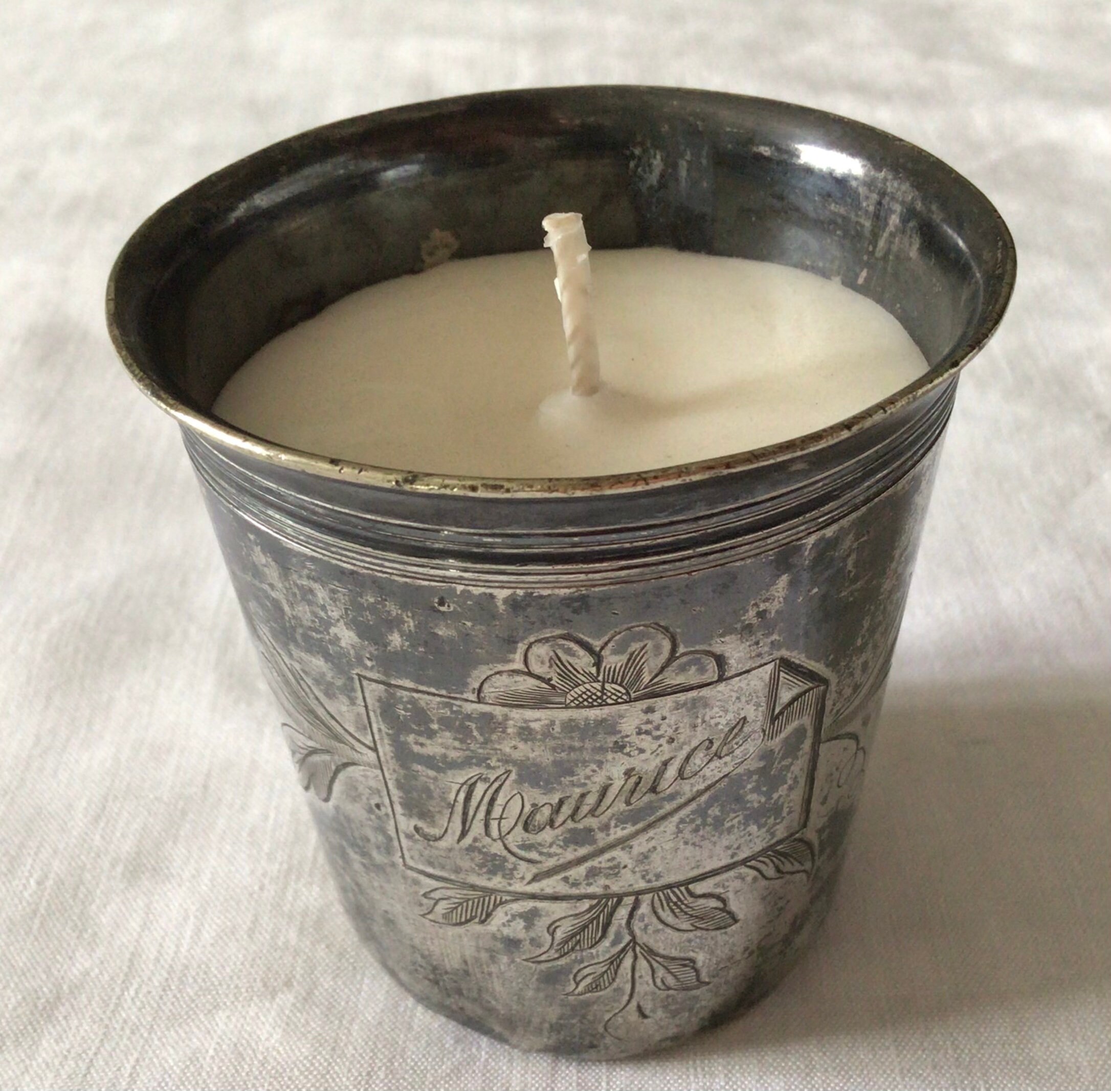 Antique silver plated Christening beaker, cup, tumbler or little vase, gift for Maurice, soy wax candle