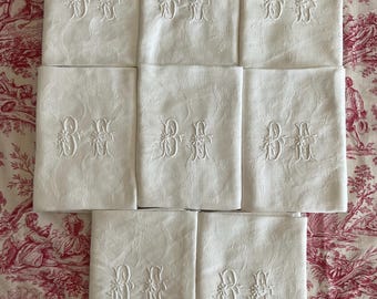 8 monogrammed BE vintage French cotton damask dinner napkins, table decor, brocante.