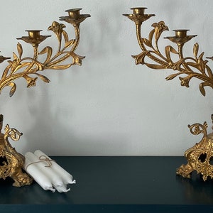 Pair of vintage French altar 5 light brass candelabras, candle holders or candle sticks