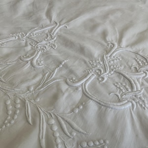 Può includere: Un tessuto bianco con un intricato ricamo in rilievo tono su tono. Il design è composto da motivi floreali e botanici simmetrici con steli curvi, piccoli boccioli circolari e disegni di foglie cuciti direttamente sulla superficie.