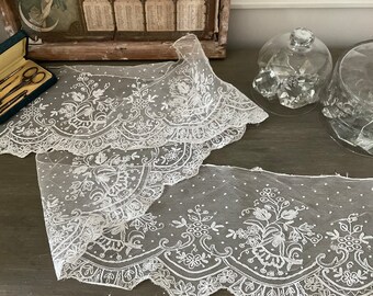 Antique French needle lace, embroidered on tule, not perfect