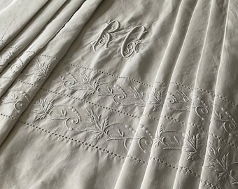 FABULOUS embroidery on this antique silky and floppy linen sheet, monogrammed RG