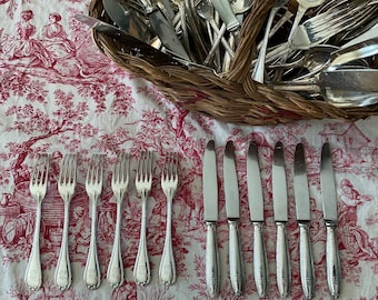 Christofle salad, fruit or dessert silver plated cutlery, vintage, ribbon decor, monogrammed VITTEL