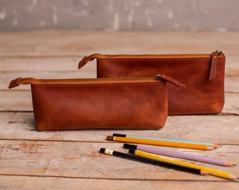 Leather pencil case Pen case Pen holder Pencil pouch zipper Pencil zipper bag Pen pouch holder Brown pencil holder Zipper pencil case