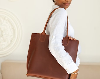 WOMEN SHOULDER BAG Leather tote bag women, genuine leather brown handbag, laptop tote bag women