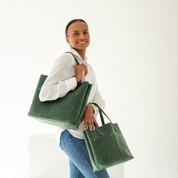 Green tote bag Tote bag with pockets Work tote bag Leather tote bag Tote bag for women Small leather tote bag Tote bag with zipper