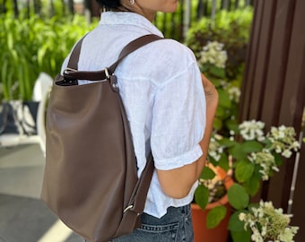 Convertible Brown Pebbled Leather Backpack Crossbody Bag