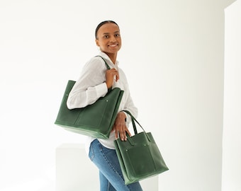 Green Leather Tote Bag: Top Handle Work Bag with Pockets