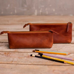 Leather pencil case Pen case Pen holder Pencil pouch zipper Pencil zipper bag Pen pouch holder Brown pencil holder Zipper pencil case Cognac brown