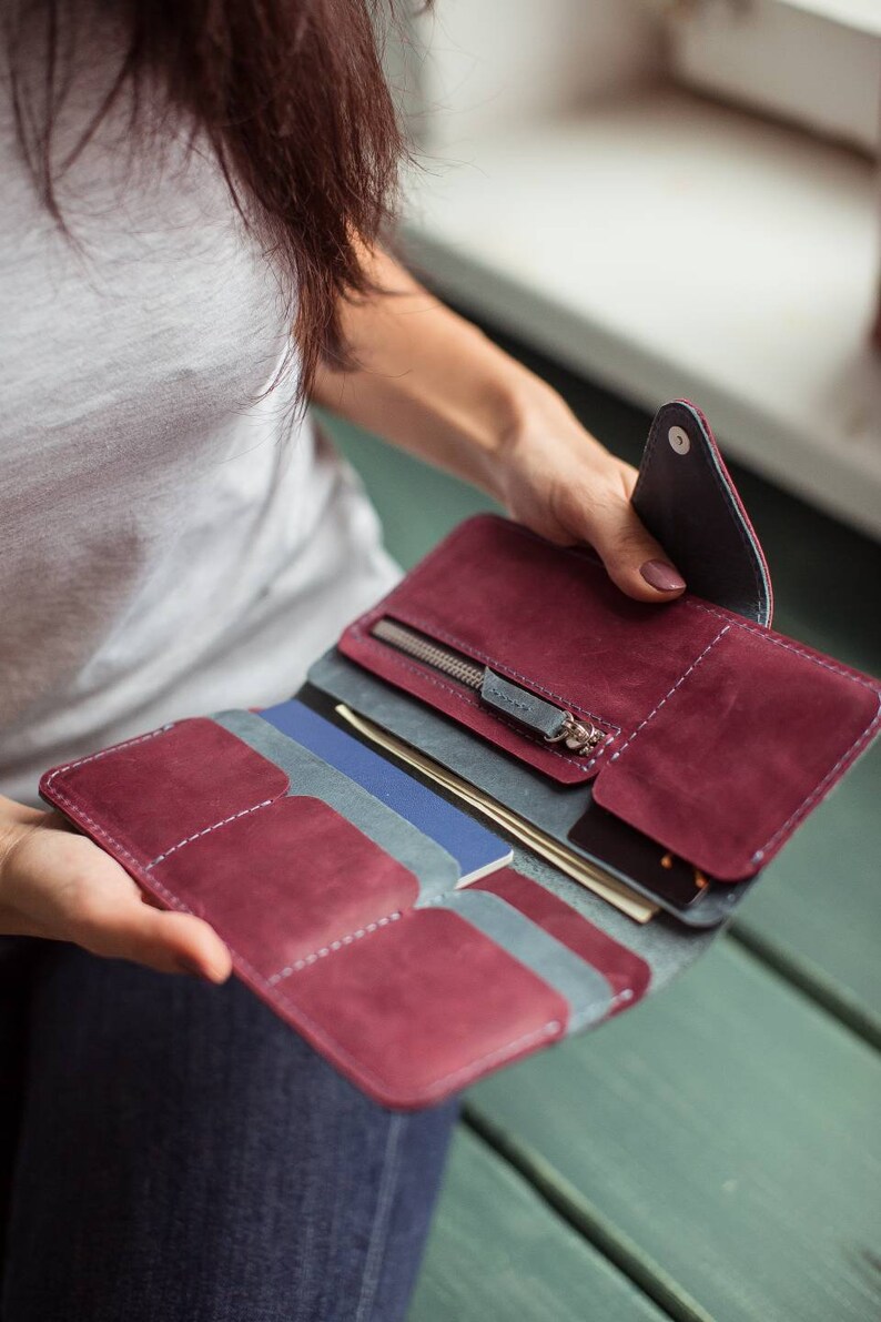 blue wallet bifold wallet checkbook wallet Purse women leather passport organizer long leather wallet leather wallet phone wallet