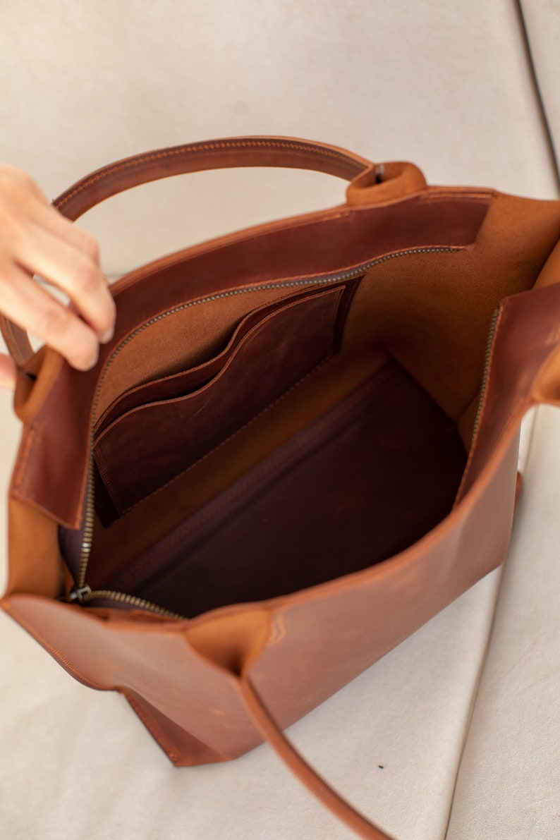 WOMEN SHOULDER BAG Leather tote bag women, genuine leather brown handbag, laptop tote bag women image 9