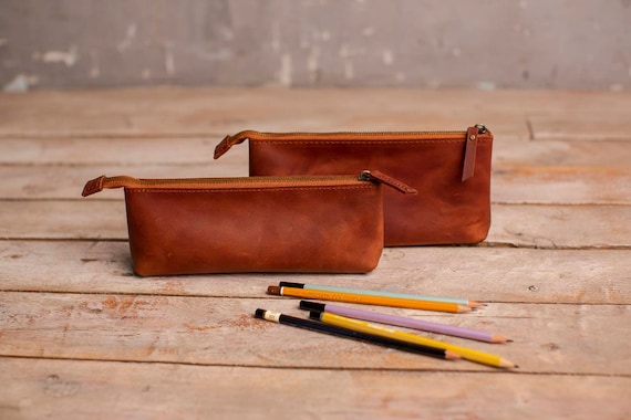 Leather Pencil Case Pen Case Pen Holder Pencil Pouch Zipper Pencil Zipper  Bag Pen Pouch Holder Brown Pencil Holder Zipper Pencil Case 